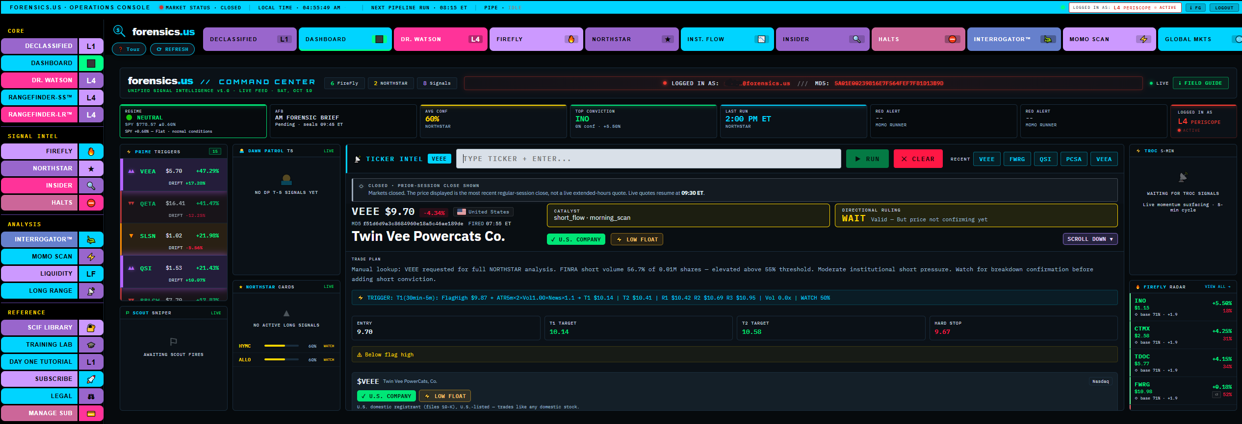 A surfaced ticker — live status, directional ruling, and forensic badges